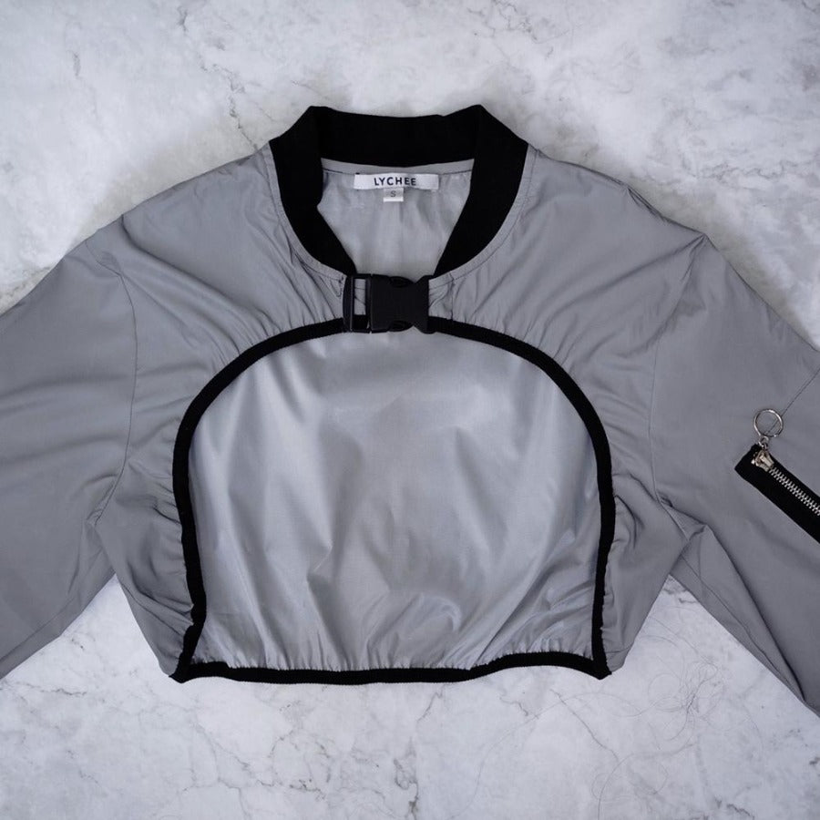 Lychee the Label Gelato Reflective Cropped Buckle Bomber Jacket