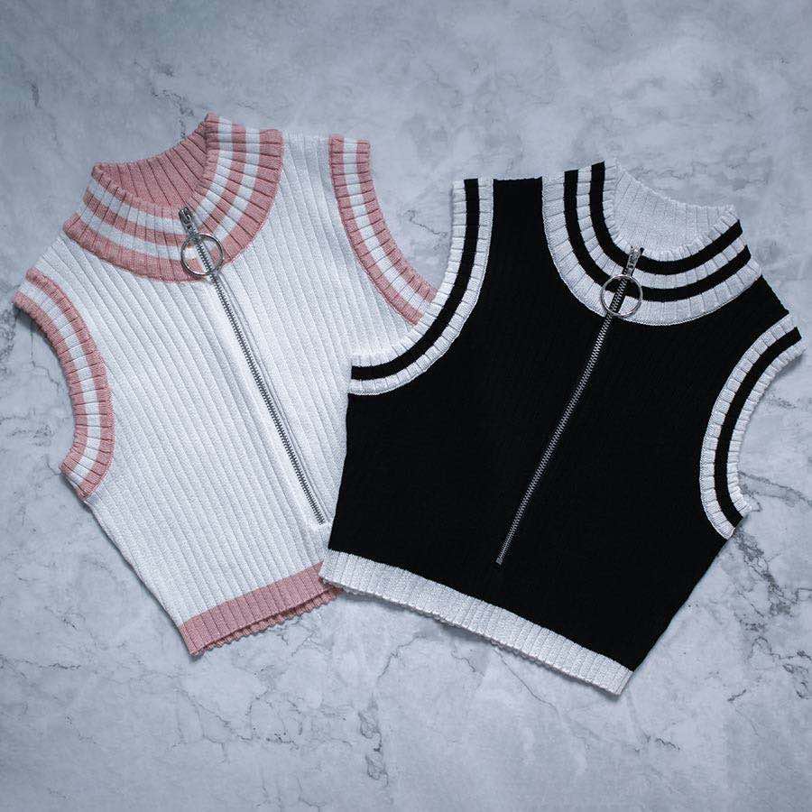 Parfait Striped Knit Zip-Up Crop Top X-Large / Black/White