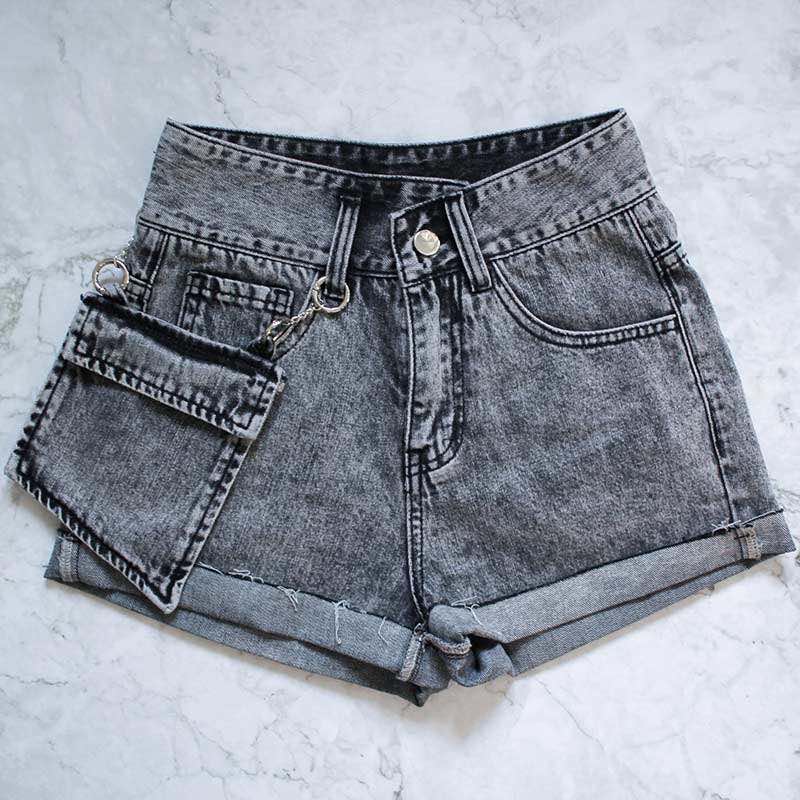 Starfruit Chain Pocket Detail Asymmetrical Denim Shorts